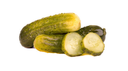 Pickled cucumber isolated on white background. Marinated pickled cucumber isolated. Closeup