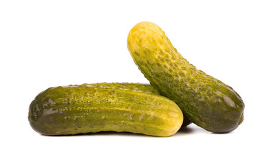 Pickled cucumber isolated on white background. Marinated pickled cucumber isolated. Closeup