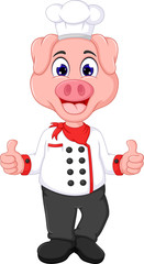 cute pig chef cartoon standing with smile and thumb up