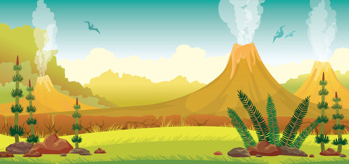 Prehistoric landscape - volcano, pterodactyls, grass