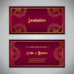 Luxury wedding invitation with golden ornament. Vector illustration