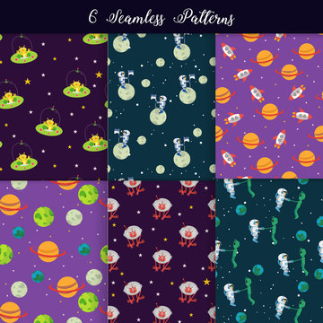 Vector set of cute flat space seamless pattern background template