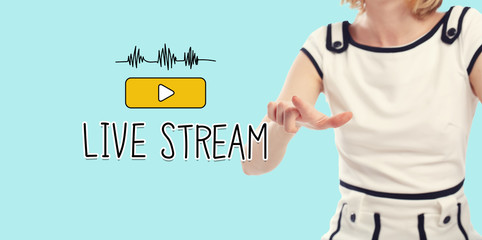 Live Stream concept with young woman on a blue background