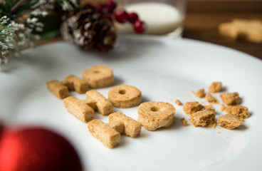 Cookies and Milk. Top View of Cookies and Milk for Santa. after santa visit