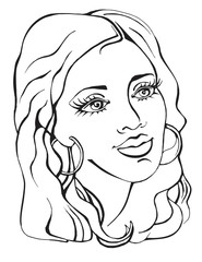 A beautiful face of a young girl. Black and white line. Vector image.