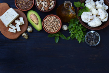 Composition of products containing unsaturated fatty acids Omega 3 - nuts, tofu, avocado, eggs, soybeans, flax, pumpkin seeds, cauliflower, dill, vegetable oil. Top view. Healthy food