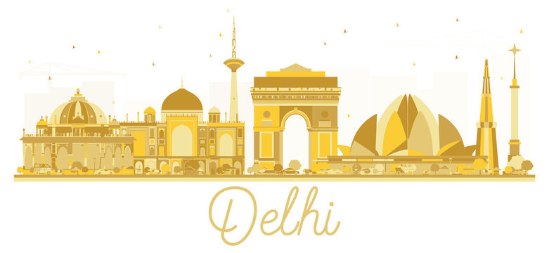 Delhi India City skyline golden silhouette.