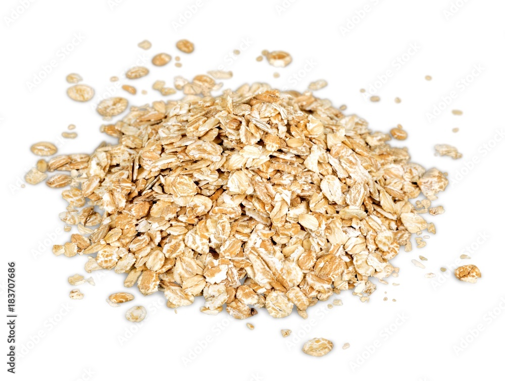 Sticker oat flakes pile on white background