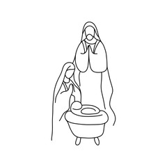 Christian Christmas nativity scene of baby Jesus with Mary and Joseph vector illustration doodle sketch hand drawn with black lines isolated on white background
