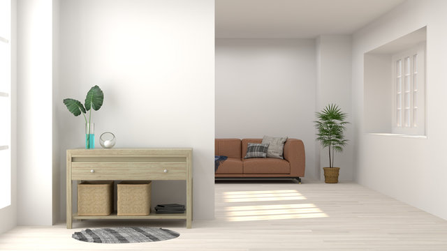 cabinet in living room interior background,3D rendering and sofa  on empty wall and ornamental trees