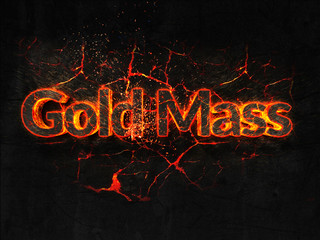 Gold Mass Fire text flame burning hot lava explosion background.