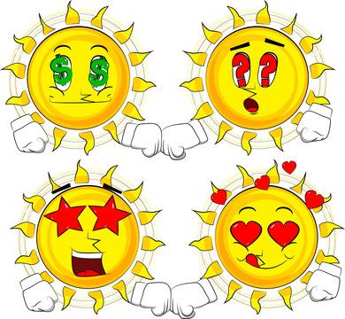 Cartoon sun giving a fist bump. Collection with various facial expressions. Vector set.