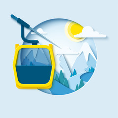 Ski cableway paper cut banner. Winter mountain paper landscape background with ski lift cabine. Vector poster for skiing resort 