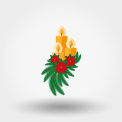 Christmas candle decorated with fir twigs and poinsettia
