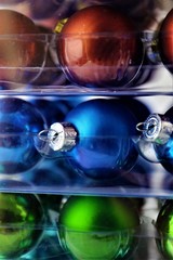 An concept Image of Christmas balls in a box - End or beginning of Christmas - Abstract