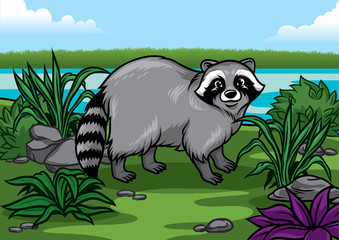 cartoon racoon illustration in the nature © bazzier