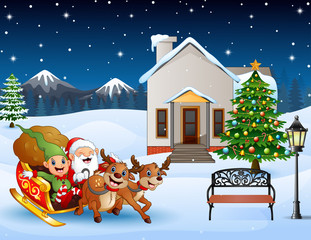 Cartoon santa claus with elf riding on a sleigh with bag of gifts