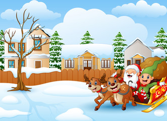 Cartoon santa claus with deer riding on a sleigh with bag of gifts