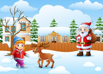 Cartoon santa claus cartoon and little girl in the snowing village with deer