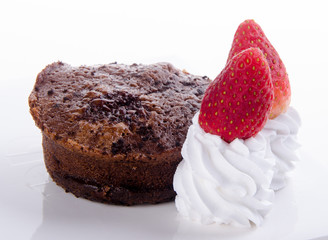 Chocolate fondant lava cake with strawberries