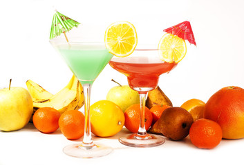 Tropical fruit cocktail concept. Cocktail with umbrella colorful illustration on isolated white studio background. Sexy delicious fashion drinks. Alcohol cocktails. Drink.