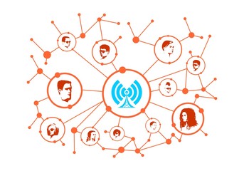 Naklejka premium Social media network. Growth background with lines, circles and integrate avatars. Connected symbols for digital, interactive and global communication concept. Wi Fi technology