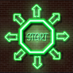 Green glowing neon road sign on brick wall with START text and arrows pointing in all directions