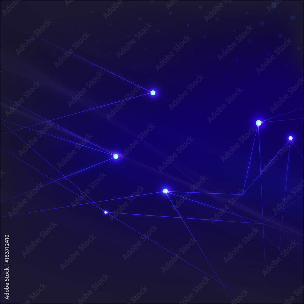 Poster digital technology concept with dot world map and mesh pattern shapes on dark blue background.