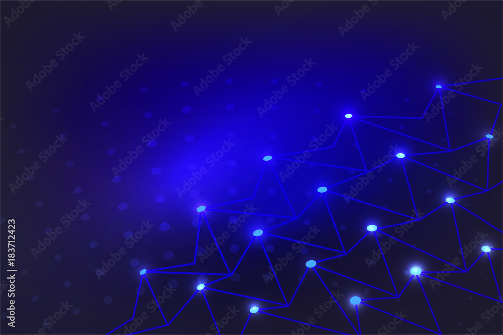 Poster digital technology concept with dot world map and mesh pattern shapes on dark blue background.