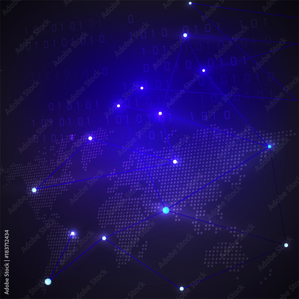 Poster digital technology concept with dot world map and mesh pattern shapes on dark blue background.