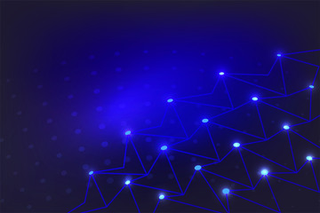 Digital technology concept with dot world map and mesh pattern shapes on dark blue background.