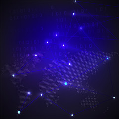 Digital technology concept with dot world map and mesh pattern shapes on dark blue background.