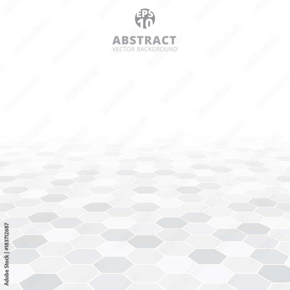 Poster abstract hexagon perspective pattern white and gray color background.