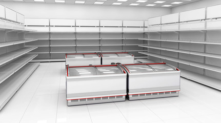 Interior empty supermarket with  showcases and freezer bonnet. 3d image