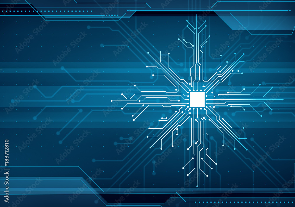 Poster abstract digital illustration of microchip board on snowflake shape on blue background. technology c