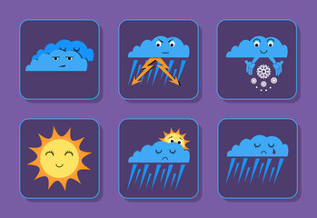 Weather emoji icons set - sunny, overcast, rain, thunderstorm and snowing sad and happy icons