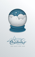 Merry Christmas and New Year greeting card, paper cut snow globe with snowflakes on blue background. Holiday design for banner, poster, invitation, flyer, paper cut out art style, vector illustration