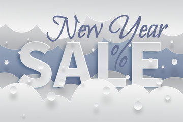 New year sale banner template with white snow and clouds, text with shadows on blue background. Vector illustration made in paper cut out style