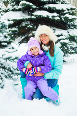 Fototapeta na wymiar mother and daughter in winter