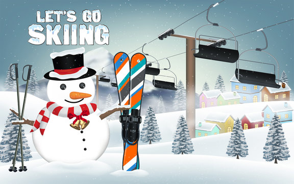 let's go skiing with snowman and ski equipment