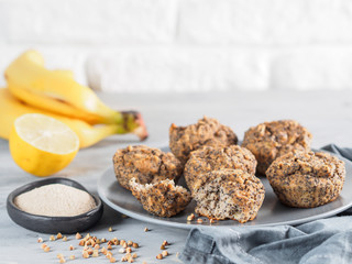 banana muffins with buckwheat flour and poppy seeds