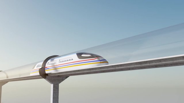 Concept of hyperloop. High-speed white passenger train moves in transparent glass tunnel against a background of blue sky, seamless, looping element