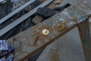 Working With Bitcoin, Wide Angle With Sawdust And Screws