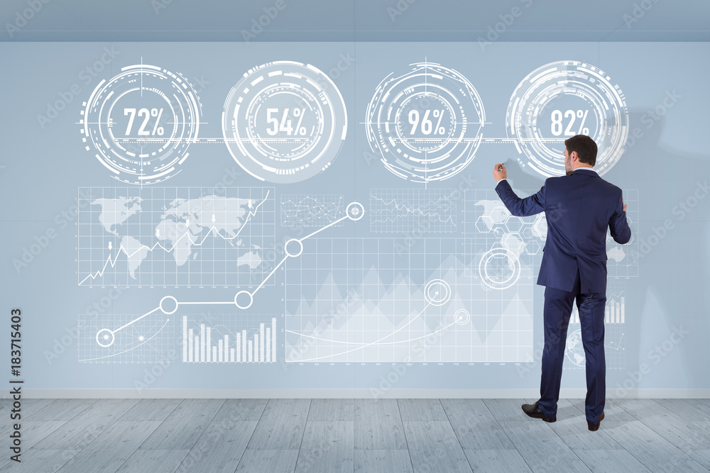 Poster Businessman using graph screens interface on a wall 3D rendering