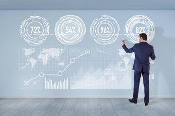 Businessman using graph screens interface on a wall 3D rendering