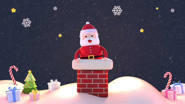 Cartoon Santa Claus in the chimney. Merry Christmas and Happy New Year greeting card. 3d rendering picture.