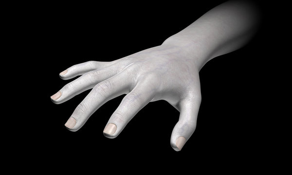 Spooky white hand on black background. 3d render.