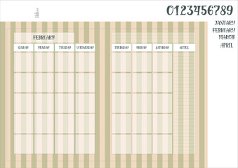 Monthly planner book on a striped brown background and names of months with numerals