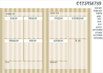 Weekly planner book on a striped brown background and names of months with numerals