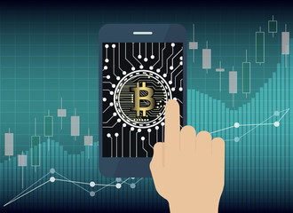 hand use tablet with Bitcoin Online and icon on screen, Digital business concept